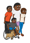 An illustration of an Aboriginal family including two young people, one in a wheelchair, with their father and mother and family cat